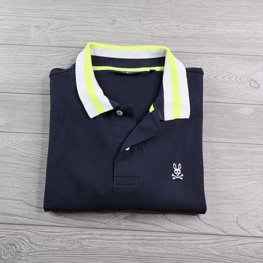 Psycho Bunny Pima Cotton Pique Tipped Polo Men's XL Black Neon Lime